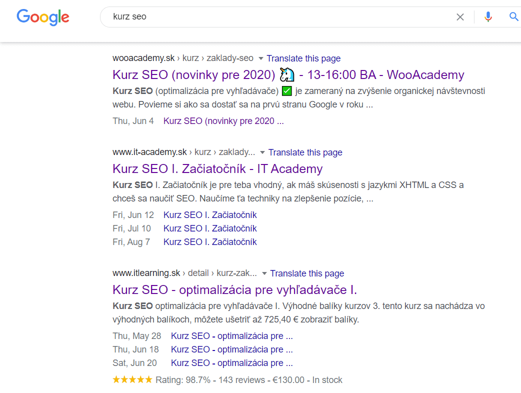 Výsledky organického (neplateného) vyhľadávania Google.sk na základe relevantnosti (SEO), pre kľúčové slovo kurz SEO.