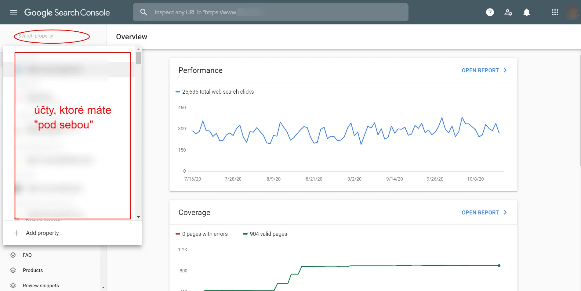 Účty, ktoré máte "pod sebou" (vaším emailom) v Google Search Console. Správna taktika je, aby ste všetky vaše projekty/weby mali pod sebou, aj keď vám web robil niekto iný. Mať všetko u seba (byť vlastník Google Analytics, Search Console, Tag Manager, atď)